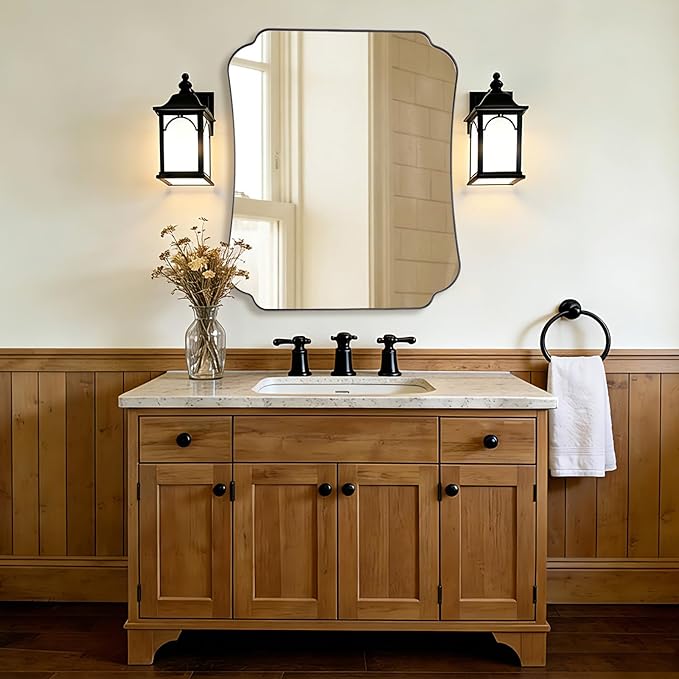 ANDY STAR Matte Black Mirror 30x36 Inch, Scalloped Wall Mirror, Unique Rectangular Bathroom Mirror in Premium Stainless Steel Metal Frame 1’’ Deep, Hangs Vertically/Horizontally