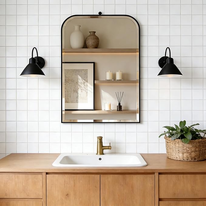 POZINO Beveled Oblong Mirror, 20"x30" Rectangle Rounded Mirror for Over Sink, Modern Black Bathroom Mirrors with Stainless Steel Frame, Vanity Wall Mirrors for Bedroom Living Room Entryway Fireplace