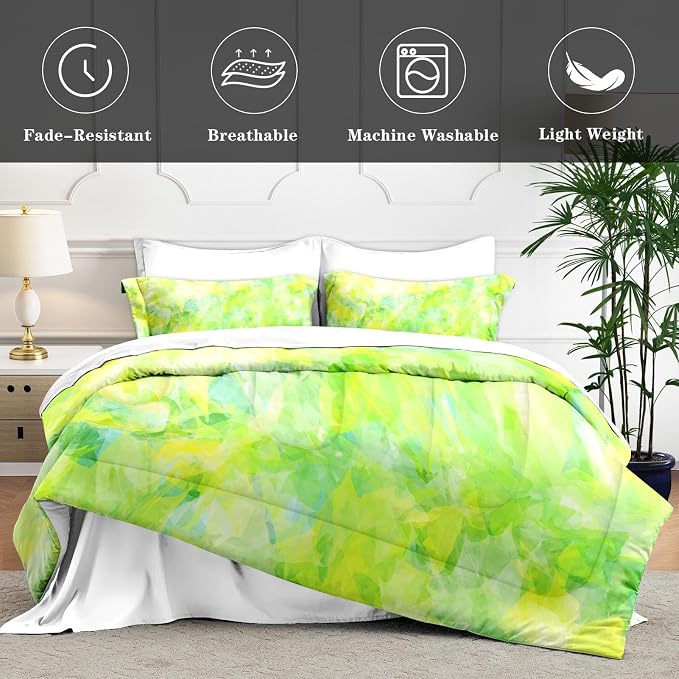 7Pcs Comforter Set Full Size, Modern Cool Lime Green Abstract, Bed Decor Cold Light Citrus Wave Space Bedroom Bedding Set with Flat Sheet Fitted Sheet Pillowcases Shams for Kids and Adults