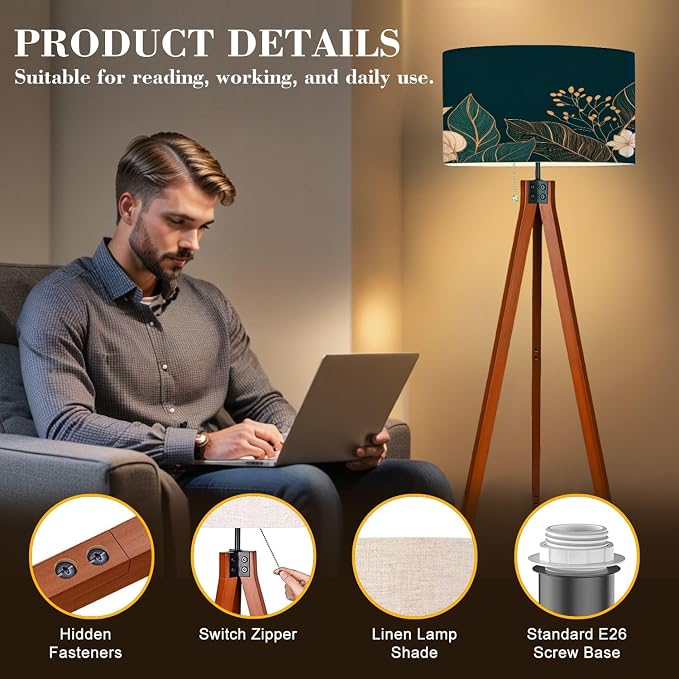 Wood Tripod Floor Lamp Leaves elegance luxury Symbol spring summer season Linear ornament Mid Century Standing Lamp Linen Shade Dimmable Modern Tall lamp Home Decor for Living Room Bedroom Office