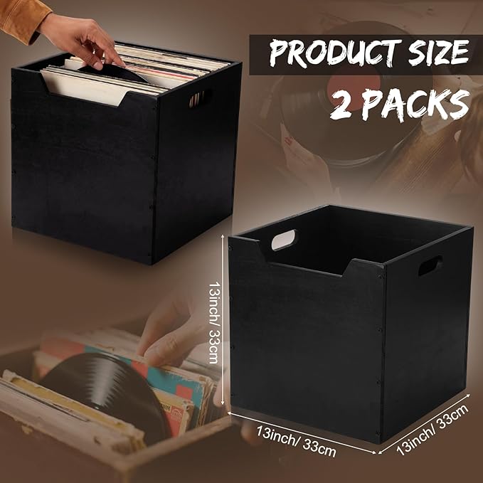 Colingmill 2 Pack Wooden Storage Box Bins Wood Crate with Open Front Stackable Cube Storage Organizer Bins for Books Records Home Pantry Clothes Toy Closet (13 Inch,Black)