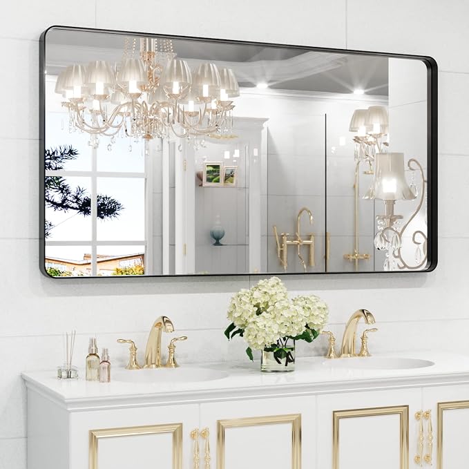 WEER Black Metal Frame Bathroom Mirror, 55x30 Inch Black Bathroom Vanity Mirror for Over Sink Wall, Rounded Rectangle Matte Black Mirror, Anti-Rust, Tempered Glass, Hangs Horizontally or Vertically