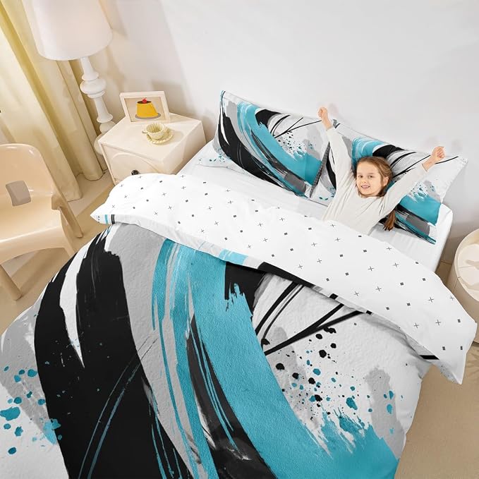 Erosebridal Black Blue Geometric Decorative Duvet Cover Twin - Geometric Boho Abstract Bedding Striped Bed Set for Boys Adults Girls Minimalists Graffiti Aesthetic Lines Bed Cover