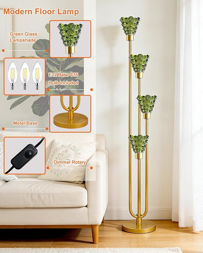 Lightdot Glass Floor Lamp Dimmable 4-Lights Gold with Green Glass Shade 3000K Bulbs Included Mid Century Modern Standing Tall Lamp with 5Lbs Heavy Base for Living Room/Bedroom/Sofa Beside/Corner Decor