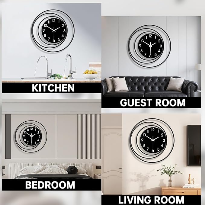 16inch Decorative Wall Clock, Silent Non-Ticking Quality Quartz Battery Operated, Large Wall Clock for Living Room Kitchen Home Bathroom Bedroom Wall Decor, Black