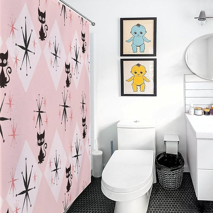 Mid Century Modern Shower Curtain,Pink Retro Atomic Cat Abstract Geometric 1960s Fabric Bathroom Decor Curtains with Hooks 66x72in（168x183cm）