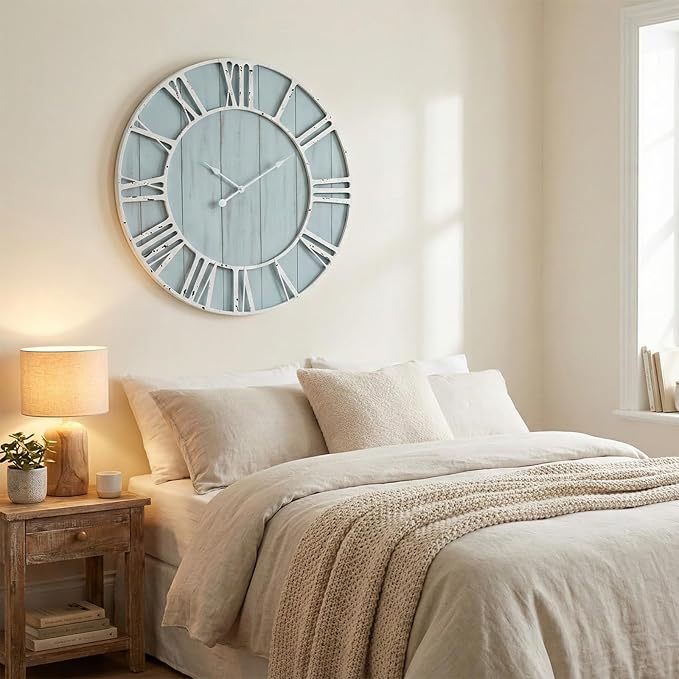 Large Farmhouse Wall Clock 30 Inch Vintage Blue Wooden Wall Clock with Quiet Ticking and Minimalist Roman Numerals for Bedroom Living Room Office Kitchen Home Decor, Battery Operated