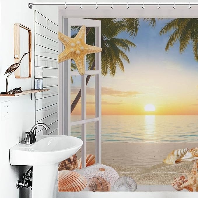 Ocean Beach Shower Curtains,Farmhouse Sunset Scenery Sea Wave Retro Wood Rustic Nature Landscape Bathroom Decor Polyester Fabric Waterproof Bathroom Curtain with Hooks,72x72Inch