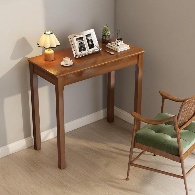 Solid Wood Desk with Drawers - 31.5" Narrow Desks for Small Spaces, Mid Century Modern Desks, Small Wooden Vintage Computer Writing Desk, Study Table for Home Office Bedroom, Walnut