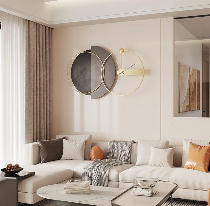 Mid Century Modern Large Gold Silent Wall Clock Non Ticking for Living Room, 43"X27.5" Giant Decorative Round Black Clock for Wall, Big Unique Metal Fancy Clock Wall Decor for Bedroom Entryway