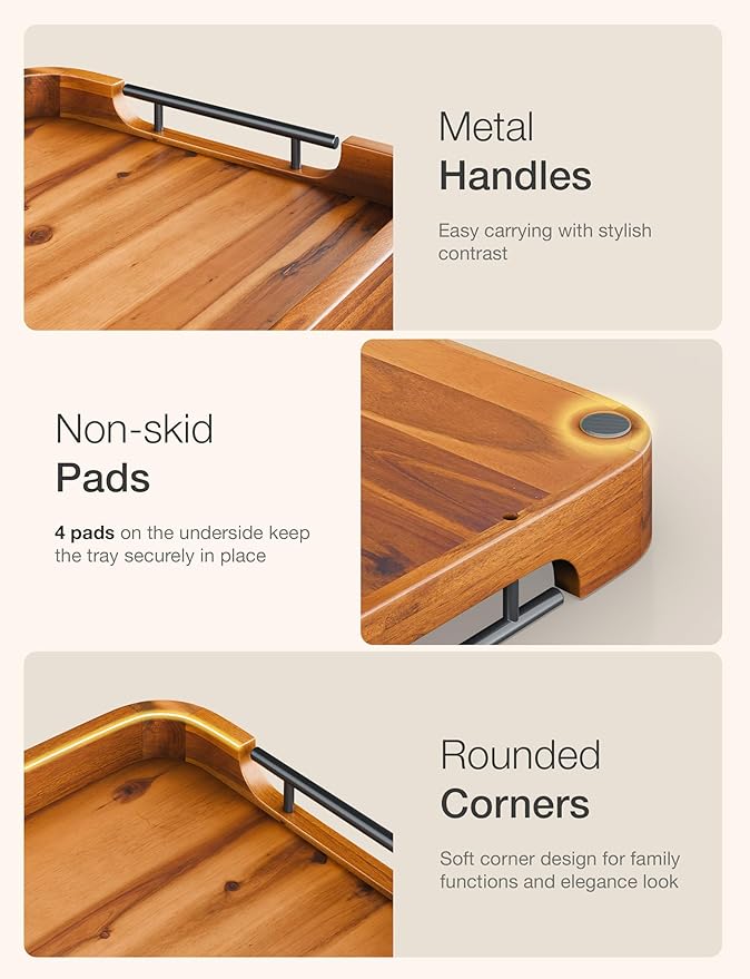 Ottoman Tray for Living Room – 17"x13" Rectangle Serving Tray with Handles – Wooden Tray for Coffee Table, Living Room, Breakfast in Bed – Decorative Trays for Ottoman or Couch (Acacia Wood)