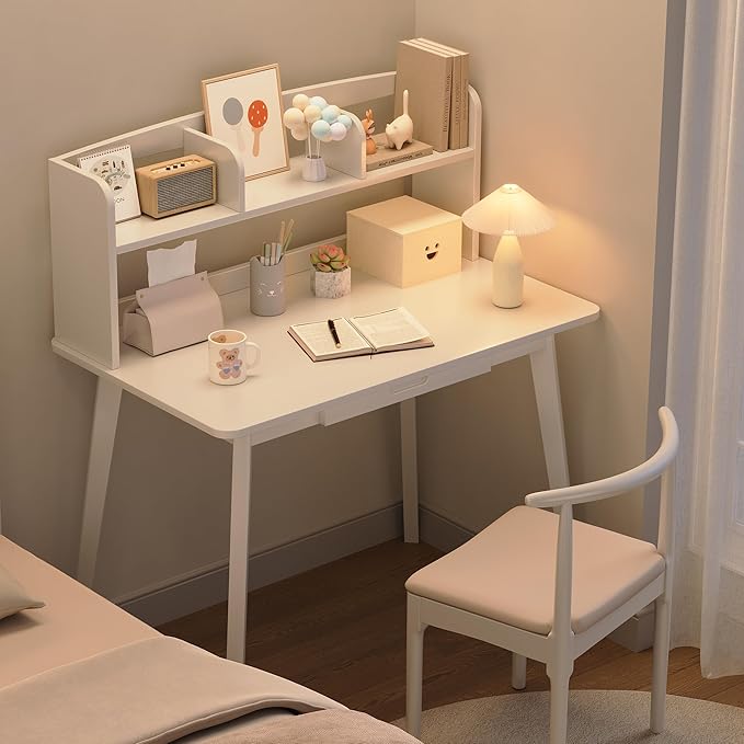 IOTXY Small Writing Desk with Hutch - 39.4" Work Computer Study Table with Drawer for Home and Office, White