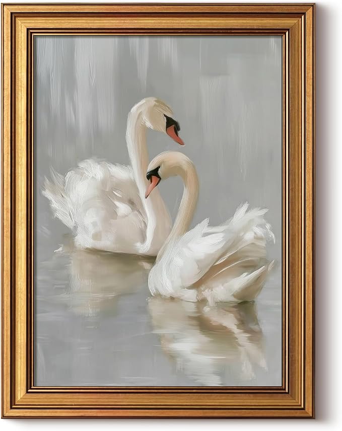 HUARCEY Gold Framed Vintage Wall Art for Living Room, Animals Painting Prints Shelf Decor for Kitchen, Aesthetic Bedroom Wall Art, Best Gifts for Friends or Family - Two Swans 16L x 12W