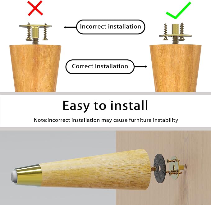 8 inch Wood Furniture Legs with Gold Caps Solid Rubber Wooden Modern Replacement Sofa Legs for Dresser Cabinet Vanity Ottoman Natural Straight Couch Legs 4 Pack
