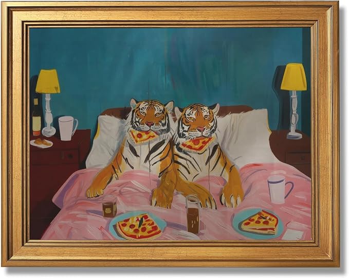 Funny Tiger Eating Pizza in Bed Wall Art Print Trendy Whimsical Dopamine Tigers Couple Poster Maximalist Eclectic Wild Animal Painting Retro Pop Love Jungle Decor for Room 24x36inch Golden frame
