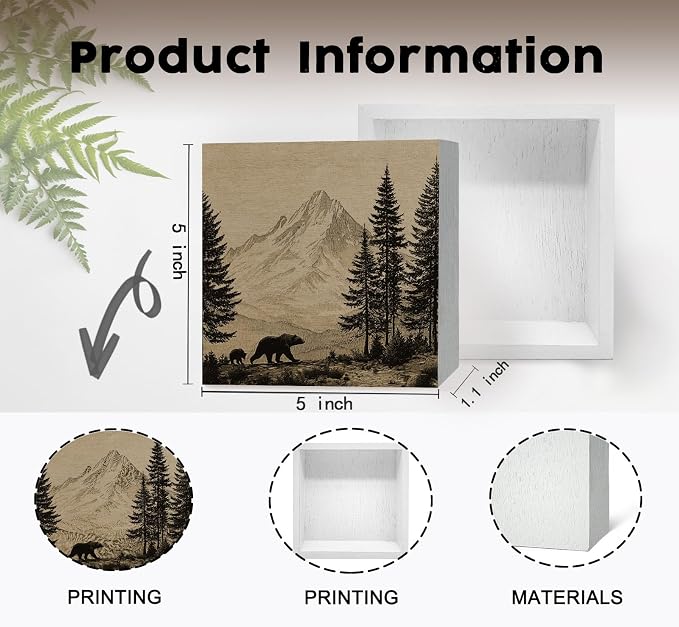 Vintage Mountain Forest Bear Decor Signs, Bear Gifts for Women Men, Rustic Mountain Landscape Wild Animals Wooden Box Sign for Home Bedroom Living Room Desk Table Shelf 5x5 Inch