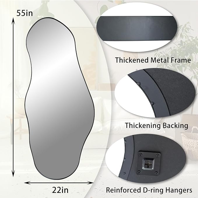 Large Irregular Mirror, 55"x22" Asymmetrical Wall Mirrors with Metal Frame, Big Abstract Mirror Decorative, Modern Unique Shaped Mirrors for Living Room Bathroom Bedroom Hallway Entryway