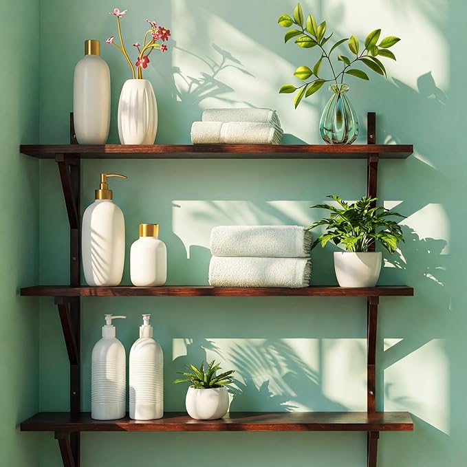 Pinkunn 3 Tier Mid Century Wall Shelves, 24.8 Inch High Walnut Storage Shelf Mid Century Wall Decor Rustic Transitional Mount Shelves for Living Room Bathroom Bedroom Display