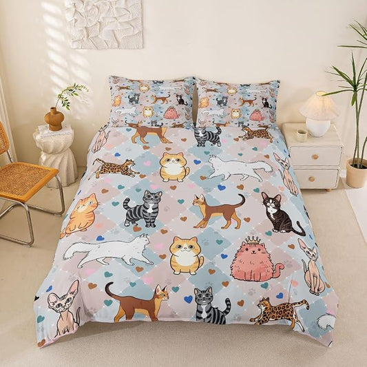Erosebridal Cat Bedding Set Full Cute Kitten Duvet Cover Kawaii Pet Animals Comforter Cover for Kids Girls Boys Adults Hearts & Paw Pastel Argyle Patchwork Plaid Bed Set