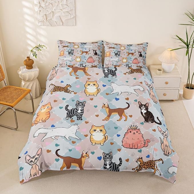 Erosebridal Cat Bedding Set Queen Cute Kitten Duvet Cover Kawaii Pet Animals Comforter Cover for Kids Girls Boys Adults Hearts & Paw Pastel Argyle Patchwork Plaid Bed Set