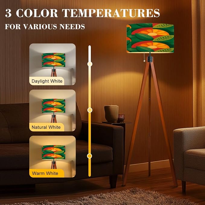 Wood Tripod Floor Lamp Fruits leaves nature Mid century modern art Abstract geometric Mid Century Standing Lamp Linen Shade Dimmable Modern Tall lamp Home Decor for Living Room Bedroom Office