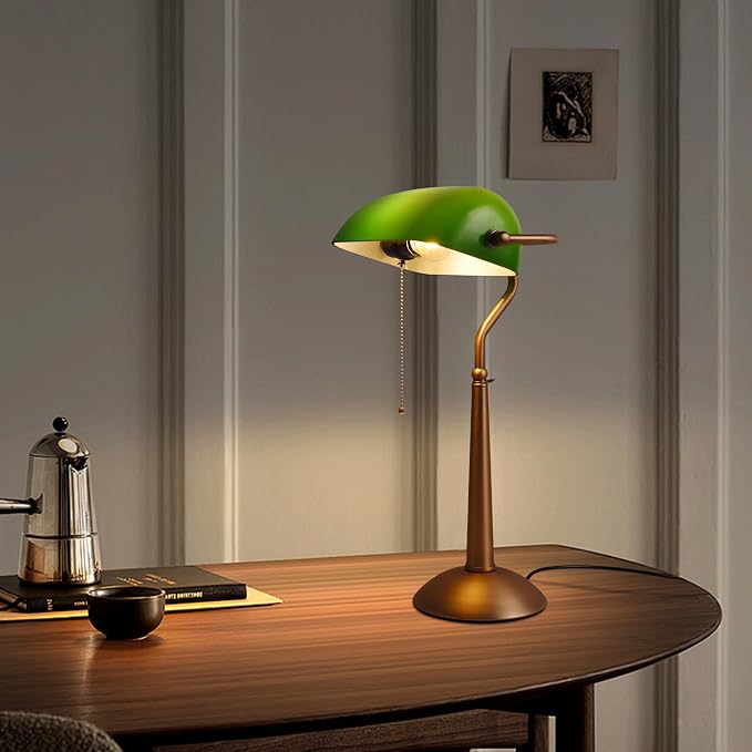 COSYLUX Tall Bankers Lamp, Vintage Sleek Green Glass Table Lamp with Pull Switch, Antique Bronze Metal Bankers Desk Lamp for Office, Study Room, End Table, Bedside (Green)