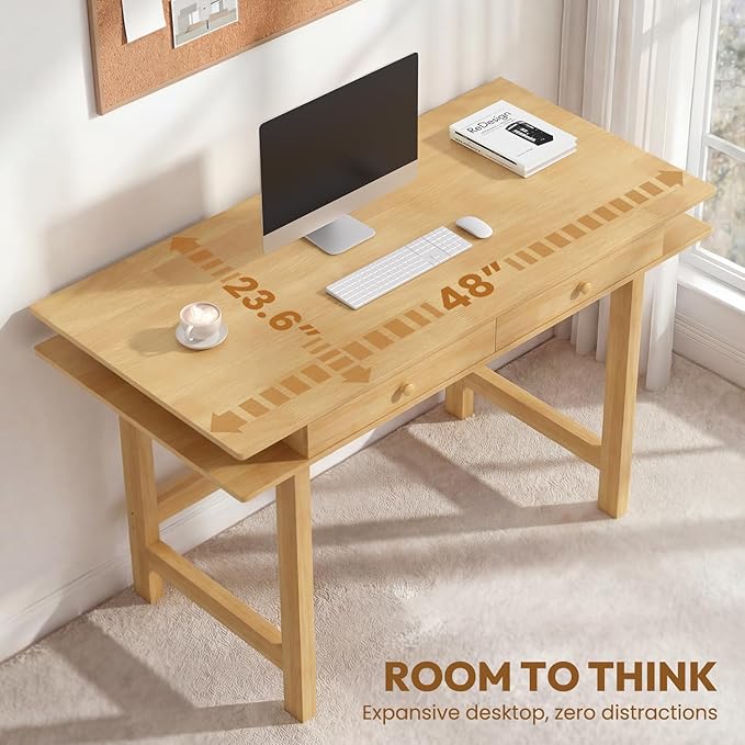 Double-Top Solid Wood Desk - 48-Inch Mid-Century Modern Writing Table with Drawers for Home Office, Study, and Creation, Rubberwood Computer Desk in Honey Oak