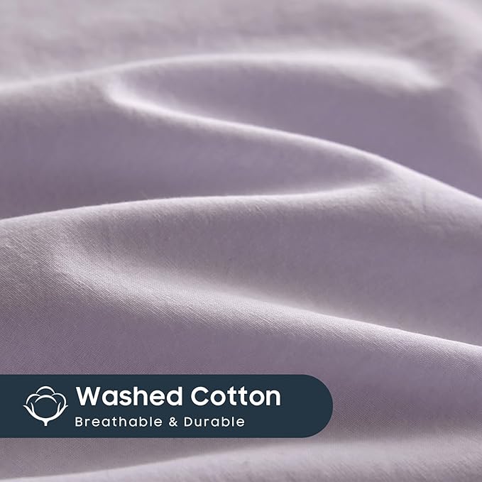 Wake In Cloud - Cotton Duvet Cover Set, 100% Washed Cotton, Linen Like Textured, Breathable Durable Comfy Farmhouse Neutral Bedding Set, 3 Pieces, Light Purple, Full Size