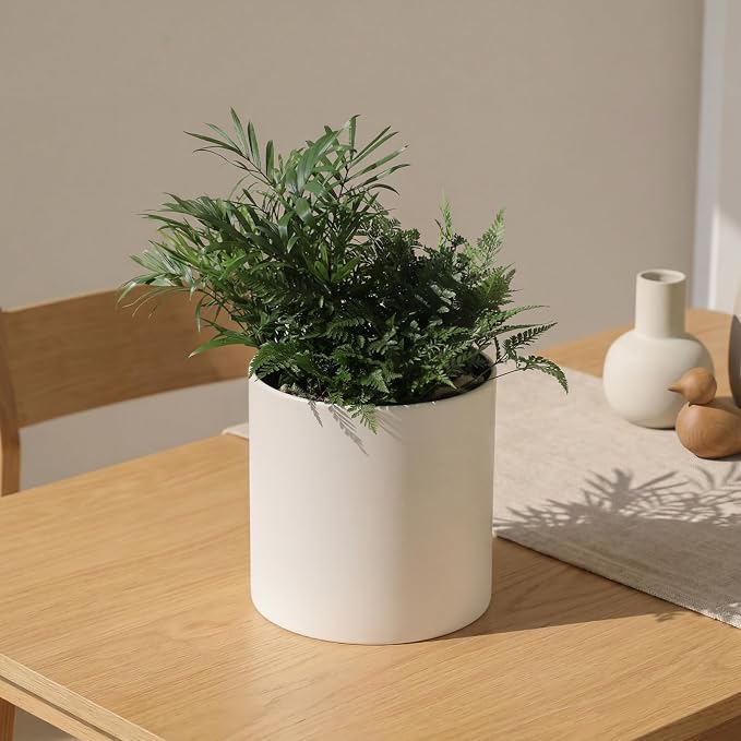 Beige Metal Plant Pot with Drainage Hole,7 Inch Mid Century Modern Small Pot Indoor Outdoor Planters for Succulents, Flowers & Home Decor Gift Window Living Room