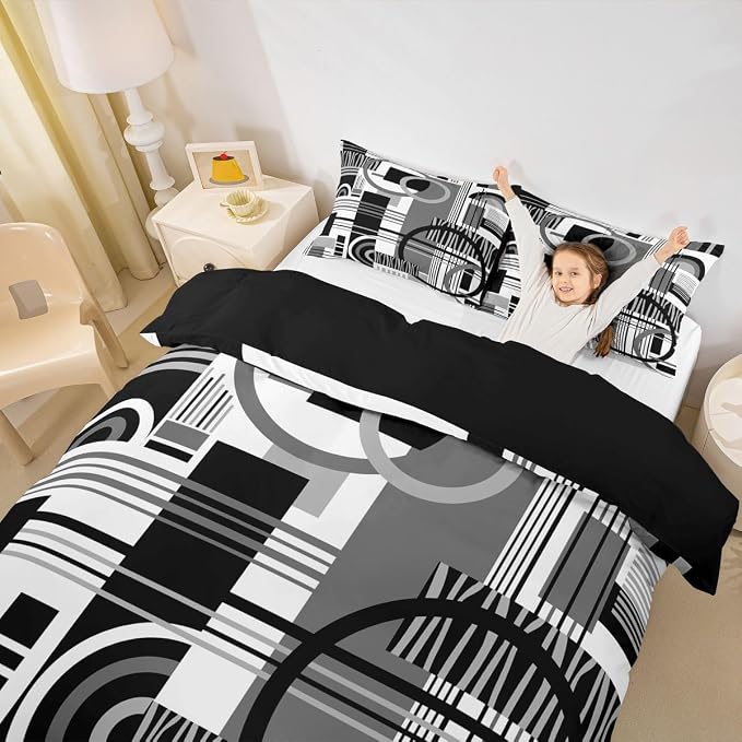 Erosebridal Art Deco Mid Century Duvet Cover Set Retro Modern Abstract Geometric Full Size Bedding Sets for Tween Boys Girls Black and White Grey Circles Stripes Comforter Cover Contemporary Bed Set