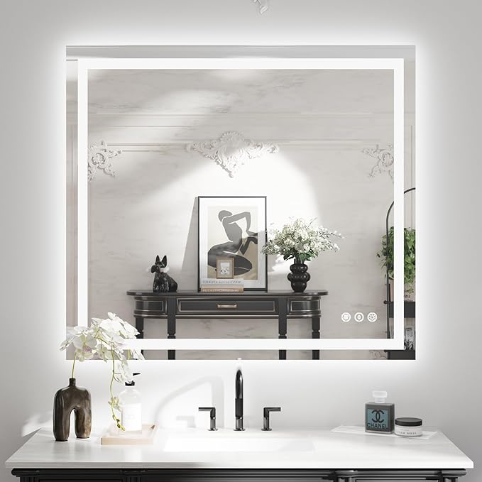 WTTY LED Bathroom Mirror 40"x36" with Back and Front Light,Modern LED Mirror for Bathroom,Stepless Dimmable Lighted Bathroom Vanity Mirror with Anti-Fog,Memory Function,Shatter-Proof