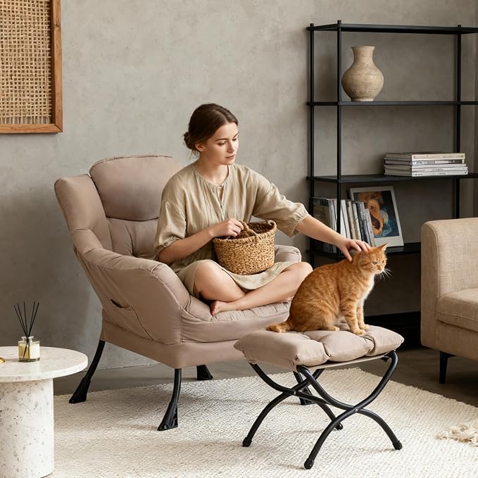 Tiita Modern Large Accent Chair with Ottoman, Comfy Leisure Sofa Armchair with Footrest, Reading Chair for Bedroom, Living Room, Dorm Rooms, Khaki