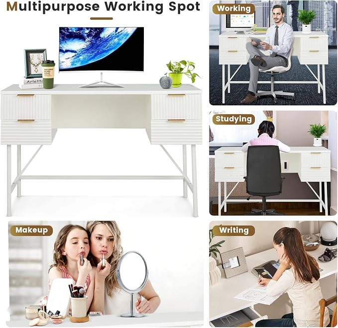 Tangkula White Desk with 4 Drawers, 48 Inch Home Office Desk with Storage, Modern Computer Desk Study Writing Desk with Metal Frame for Bedroom, Study, Office