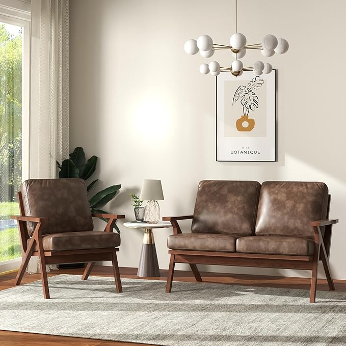 Bonzy Home Faux Leather Accent Chair for Living Room,Upholstered Armchair with Cushions and Solid Wood Frame, Mid-Century Modern Lounge Chair for Bedroom or Office, Retro Brown