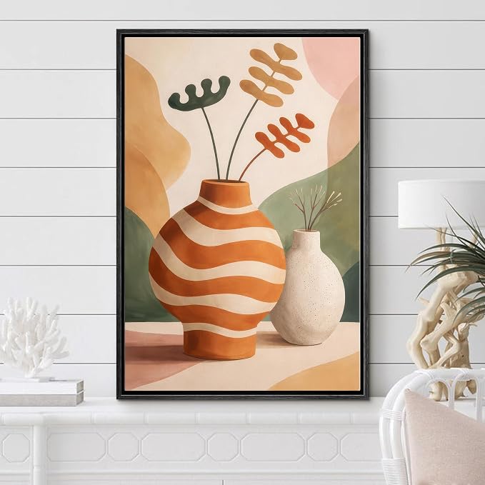 Woodrose Framed Canvas Print Wall Art Mid Century Modern Vase Still Life Illustrations Modern Art Minimalist 3D Colorful Ultra for Living Room, Bedroom, Office - 16"x24" BLACK
