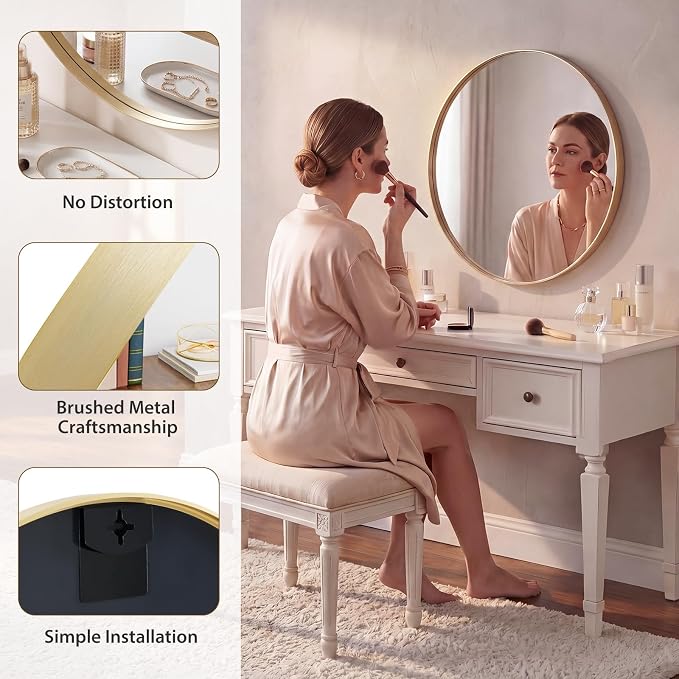 NEWBULIG 24-Inch Round Wall Mirror, Bathroom Wall Circle Mirror with Metal Frame, Bathroom Decor for Entryway, Living Room, Vanity, Gold