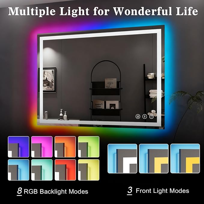 WTTY LED Bathroom Mirror 40"x30" with RGB Backlit and Front Light,Stepless Dimmable LED Mirror for Bathroom,Lighted Bathroom Vanity Mirror,Anti-Fog,Memory Function,Shatter-Proof,Wall Mounted