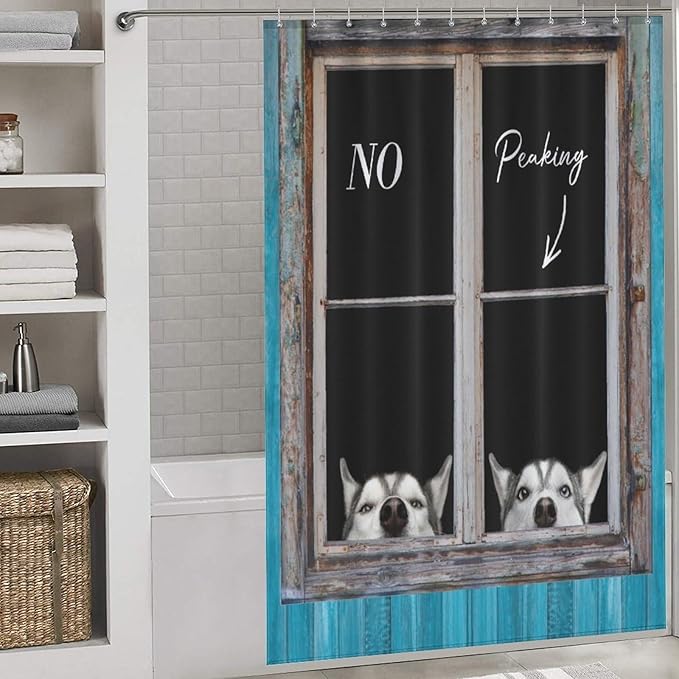 Funny Dog Shower Curtain Blue Rustic Farmhouse Wooden Country Lovely Animal Pet Pattern Duty Fabric Shower Curtains Set Bathroom Polyester Waterproof with 12 Hooks, 55x72Inch（140x183cm）