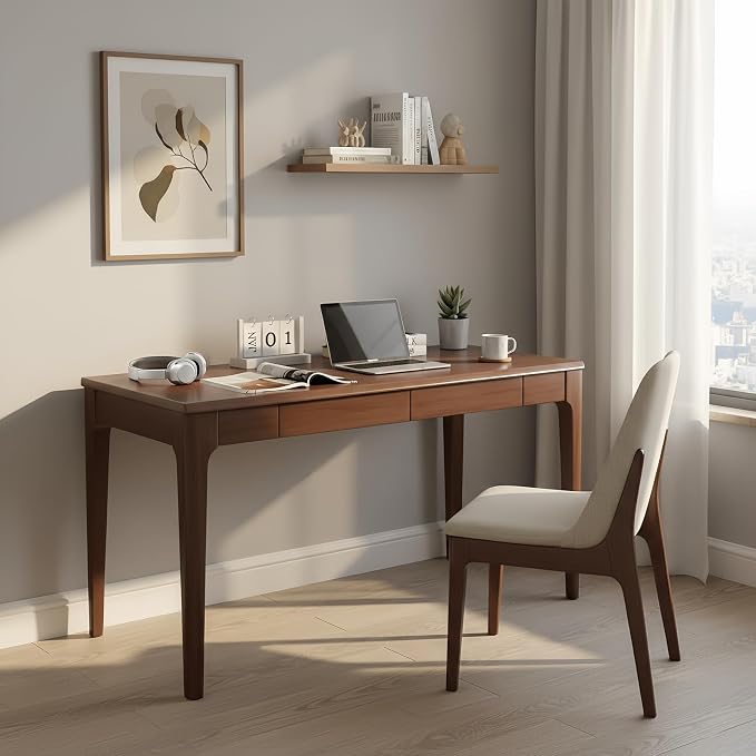 Walnut Wood Desk with Drawers - 47" Small Writing Desk with Smooth Edges for Bedroom, Mid Century Modern Home Office Desks for Small Spaces, Standing Computer Desk for Study, Living Room