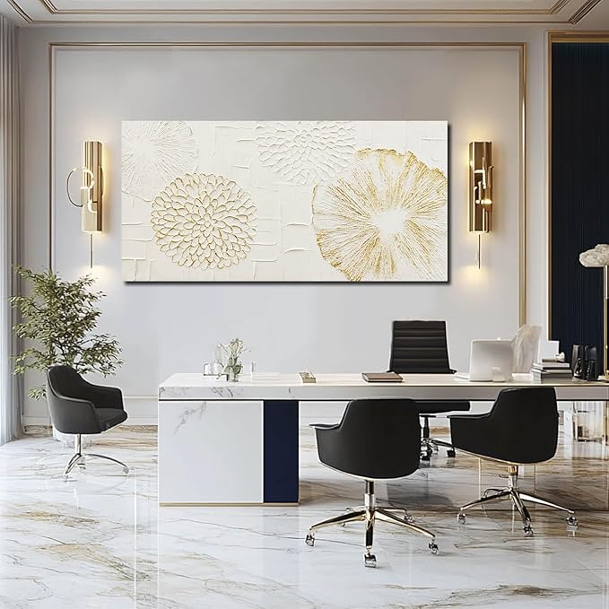 VAYIMDH White Wall Art Floral Paintings Hand Drawn Wall Decor Gold Arts Pictures 29"x58" Artwork for Living Room Dinning Room