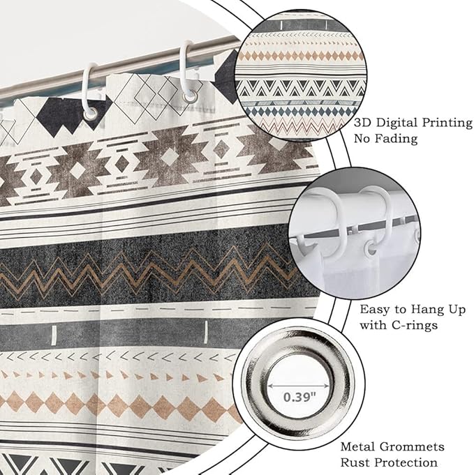Retro Boho Geometric Shower Curtain for Bathroom Brown Aztec Pattern Bathtub Curtains Vintage Abstract Aesthetic Bathroom Decor Set Washable Waterproof Polyester Fabric with Hooks 60x72 Inch