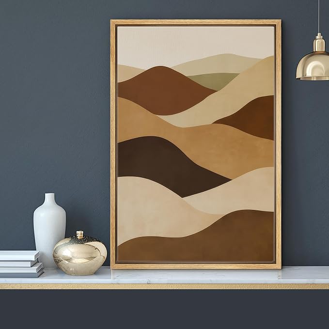 MUDECOR Framed Canvas Print Wall Art Layered Desert Hills Abstract Landscape Illustrations Fine Art Mid-Century Modern Multicolor for Living Room, Bedroom, Office - 24"x36" NATURAL