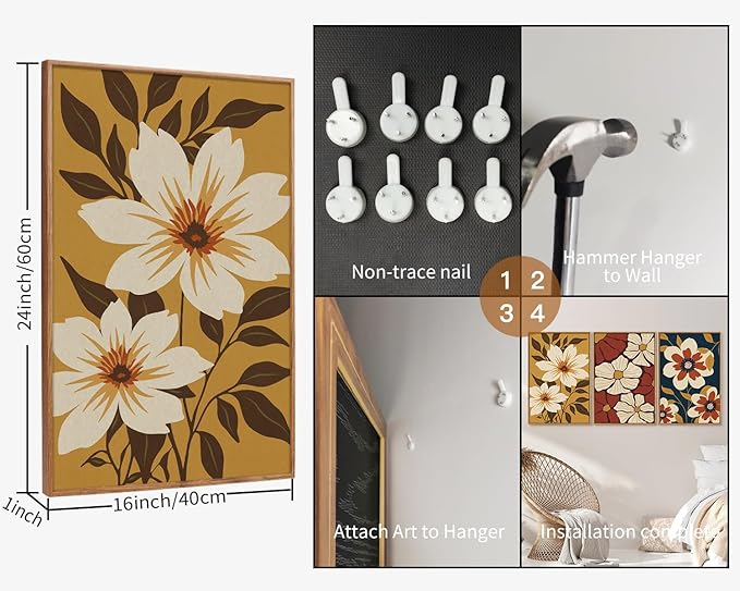 Rantodecor Large Vintage Floral Framed Canvas Wall Art Set, Mid Century Modern Wall Decor, Minimalist Retro Flowers Art Paintings, Beige Neutral Botanical for Bedroom Living Room Office 16"x24"x3