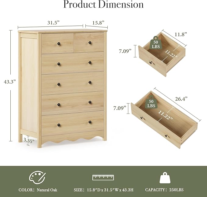Dresser for Bedroom with 6 Drawers, 44” Tall Modern Wood Dresser Chest of Drawers with Metal Handle, Farmhouse Natural Solid Wooden Dressers Organizer for Living Room, Hallway