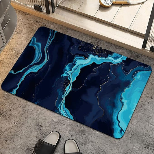 Bath Mat Rug,Deep Blue Gold marbleNon Slip Quick Dry Super Absorbent Thin Bathroom Rugs Fit Under Door-Easy to Clean Bathroom Floor Mats-Shower Rug for Shower Sink Bathtub(16" x 24"in)