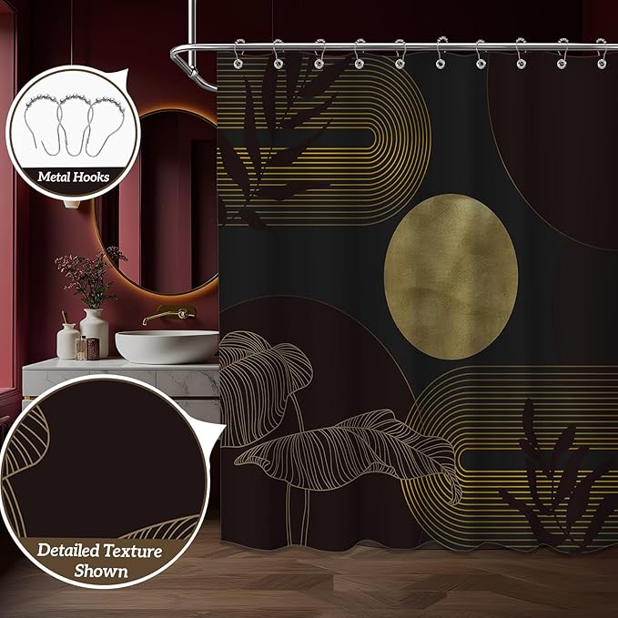 Black Dark Red and Gold Shower Curtain Burgundy Modern Shower Curtains for Bathroom Decor Boho Mid Century Bath Curtain Set, Waterproof Fabric with Hooks 60 x 72 Inch