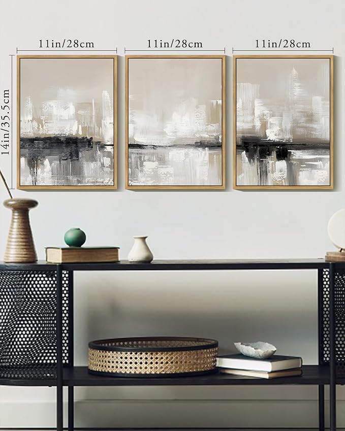 KUVIOKE Abstract Gray Framed Wall Art Neutral Brown Artwork Painting Morden Minimalist Wall Decor Rustic Home Decor 11x14in (Natural Framed)