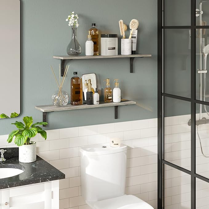 DINZI LVJ Long Wall Shelves, 31.5 Inch Wall Mounted Shelves Set of 2, Easy-to-Install, Floating Storage Ledges with Sturdy Metal Brackets for Living Room, Bathroom, Bedroom, Kitchen, Gray Wash