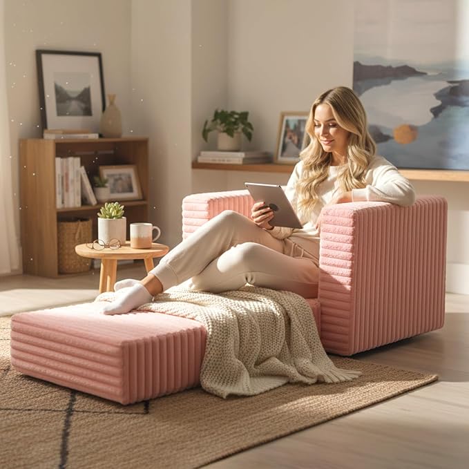 Welnow Folding Sofa Bed with Ottoman, Convertible 2-in-1 Boneless Couch Futon Lounge Chair Bed for Adults, Comfy Fold Out Sleeper Sofa for Small Spaces, Living Room, Bedroom, or Dorm, Pink