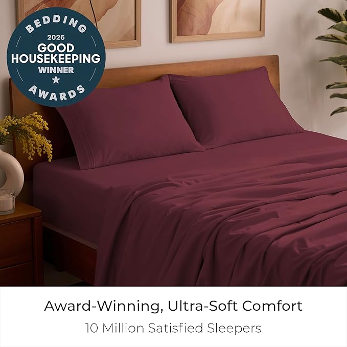 Mellanni Full Sheets Set - 4 PC Iconic Collection Bedding - Hotel Luxury, Extra Soft, Cooling Bed Sheets - Wrinkle, Fade, Stain Resistant (Full, Burgundy)